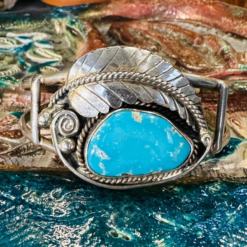 Vintage Navajo Sterling Silver Turquoise One Feather Bracelet