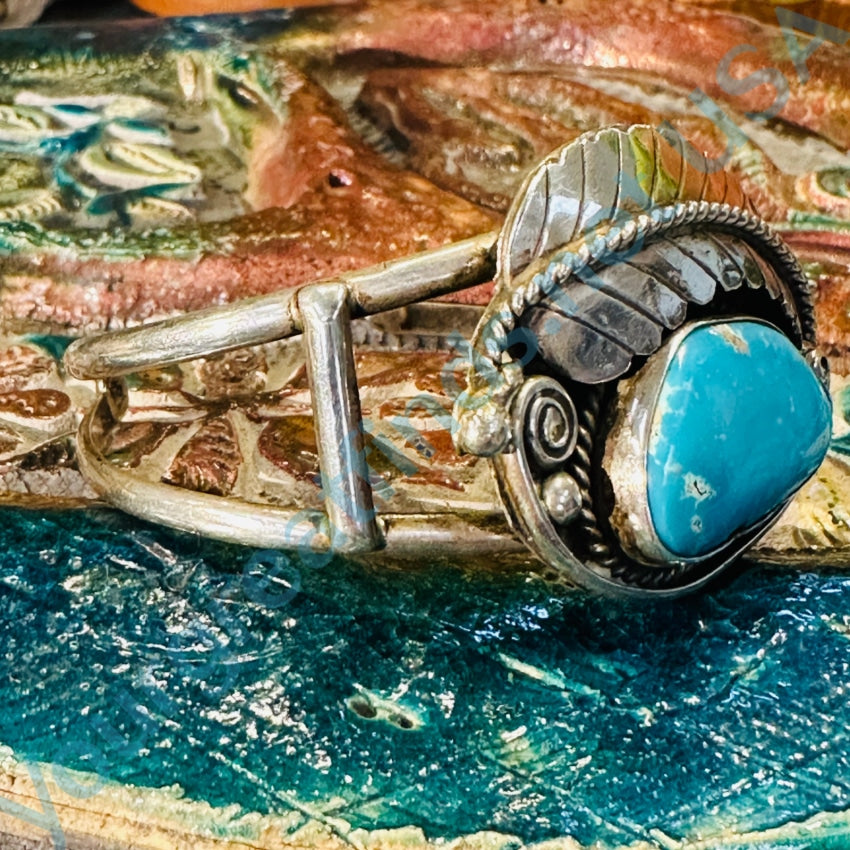 Vintage Navajo Sterling Silver Turquoise One Feather Bracelet