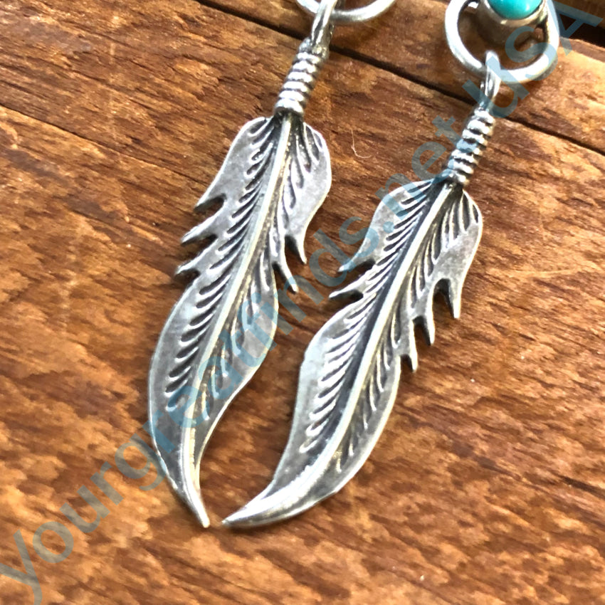 Vintage Navajo Sterling Silver Turquoise One Feather Pierced Earrings