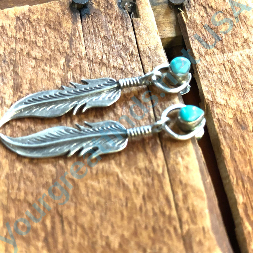 Vintage Navajo Sterling Silver Turquoise One Feather Pierced Earrings