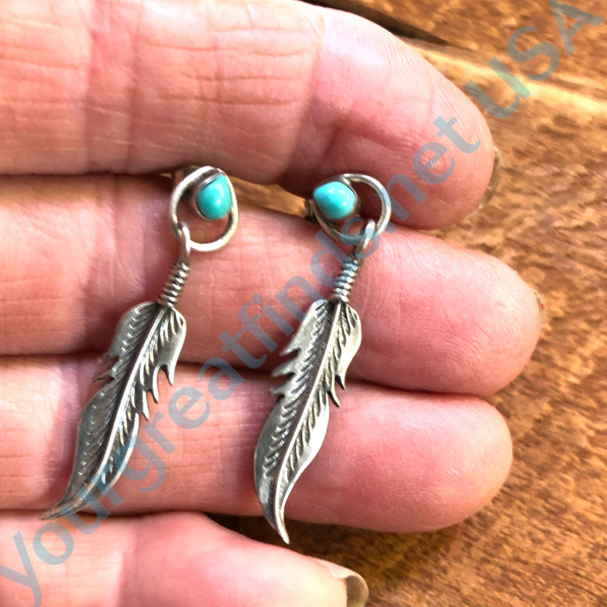 Vintage Navajo Sterling Silver Turquoise One Feather Pierced Earrings