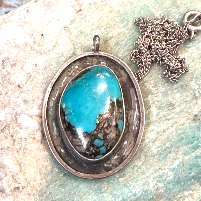 Vintage Navajo Sterling Silver Turquoise Quartz Inclusions Necklace