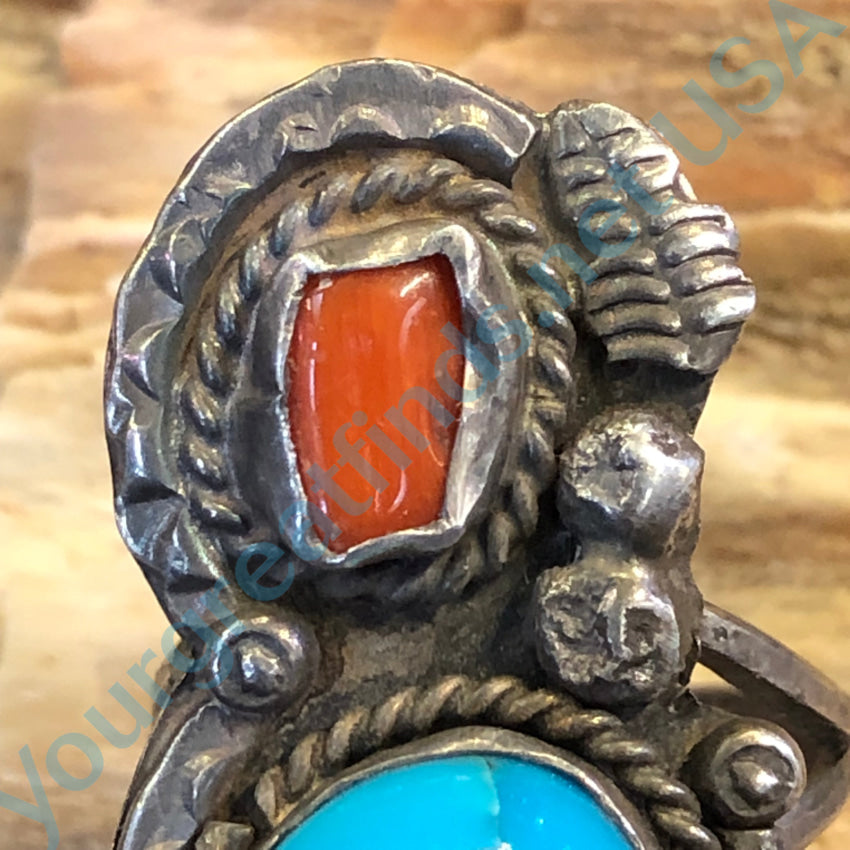 Vintage Navajo Sterling Silver Turquoise Red Coral Ring Size 5.5