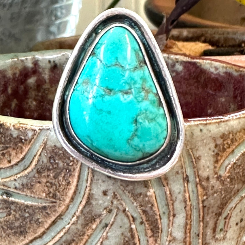 Vintage Navajo Sterling Silver & Turquoise Ring Size 7 3/4