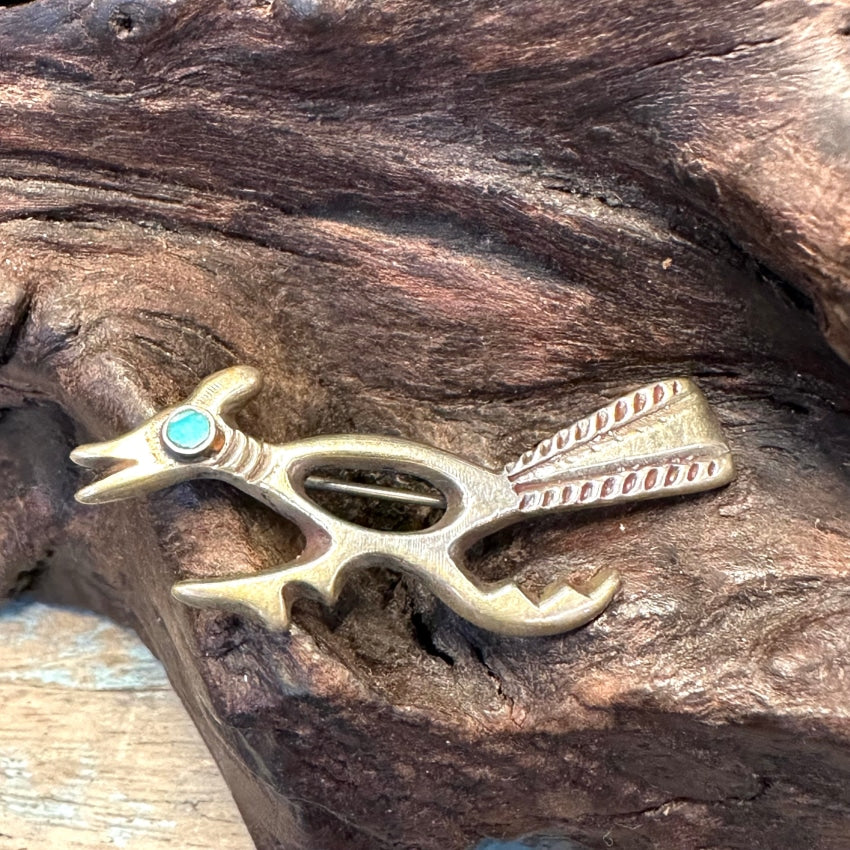 Vintage Navajo Sterling Silver Turquoise Roadrunner Pin