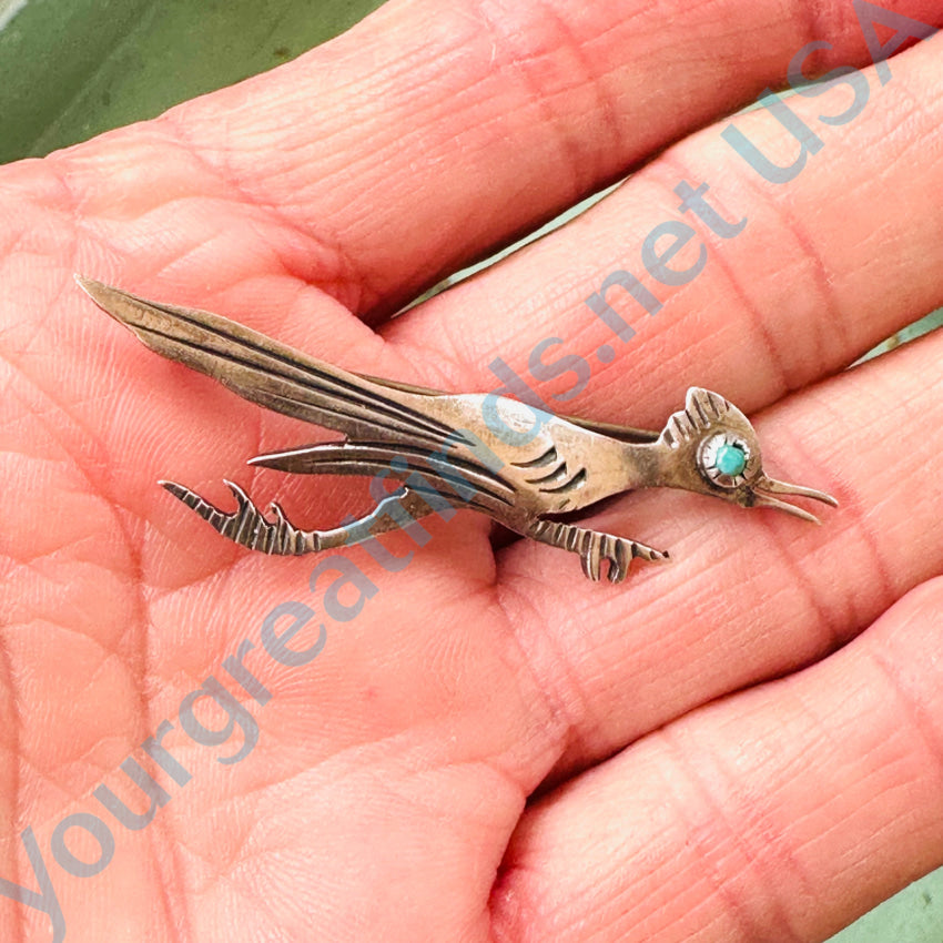 Vintage Navajo Sterling Silver & Turquoise Roadrunner Pin