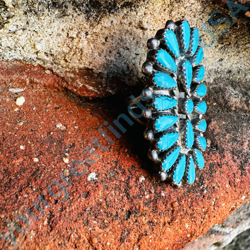 Vintage Navajo Sterling Silver Turquoise Rosette Cluster Ring 6 3/4