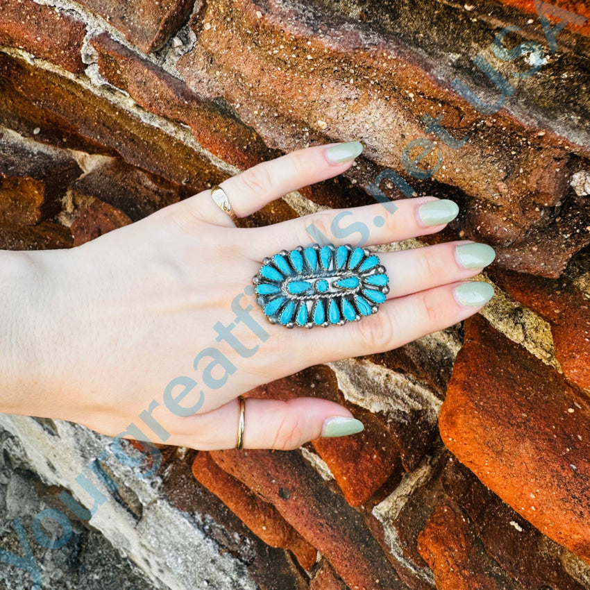 Vintage Navajo Sterling Silver Turquoise Rosette Cluster Ring 6 3/4