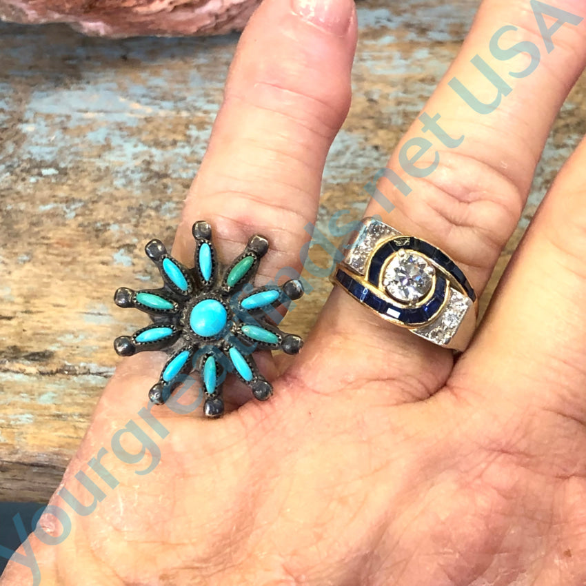 Vintage Navajo Sterling Silver Turquoise Rosette Flower Ring 4 3/4