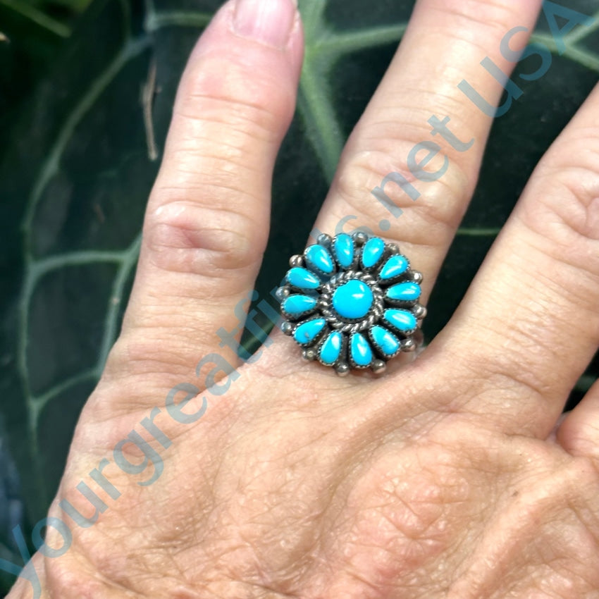 Vintage Navajo Sterling Silver Turquoise Rosette Flower Ring 6 3/4