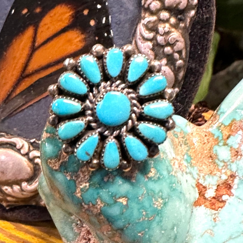 Vintage Navajo Sterling Silver Turquoise Rosette Flower Ring 6 3/4
