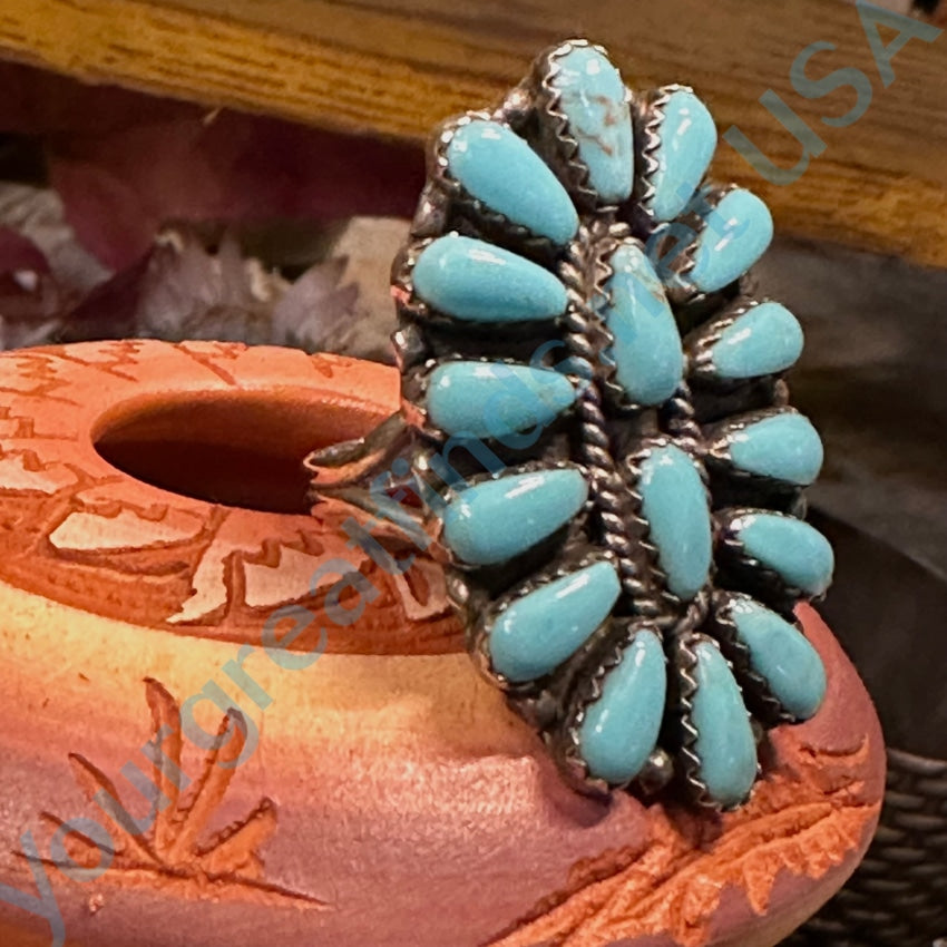 Vintage Navajo Sterling Silver Turquoise Rosette Flower Ring 9 3/4