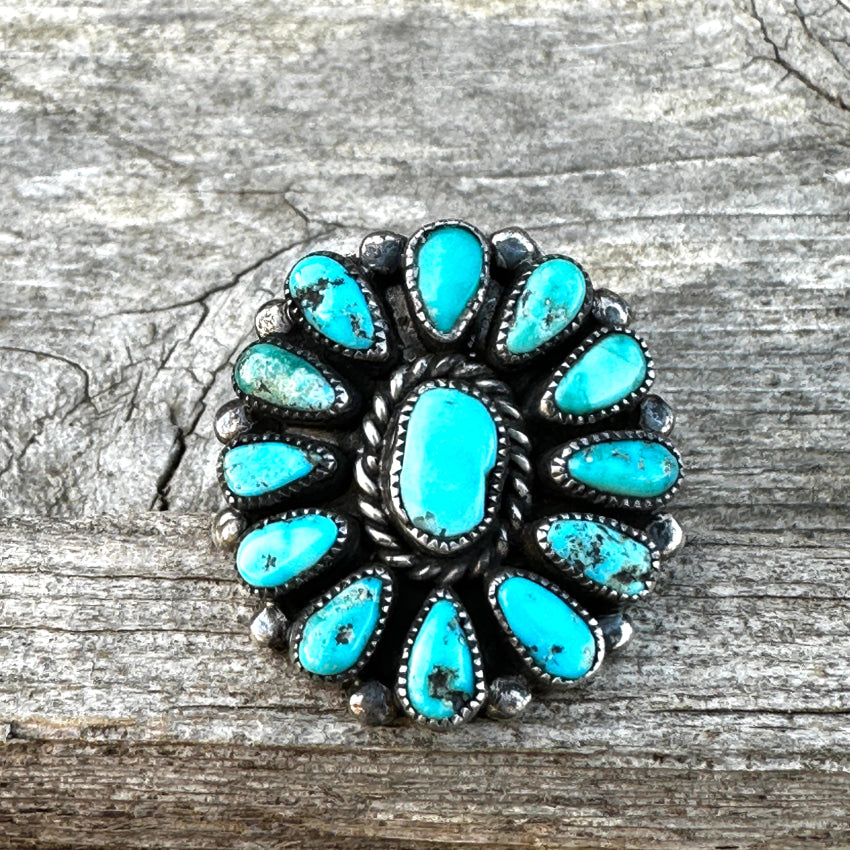 Vintage Navajo Sterling Silver Turquoise Rosette Flower Ring 9.5