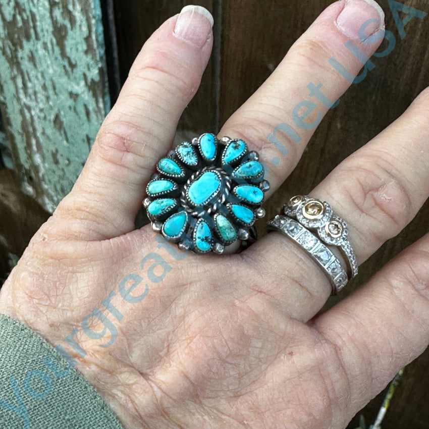 Vintage Navajo Sterling Silver Turquoise Rosette Flower Ring 9.5