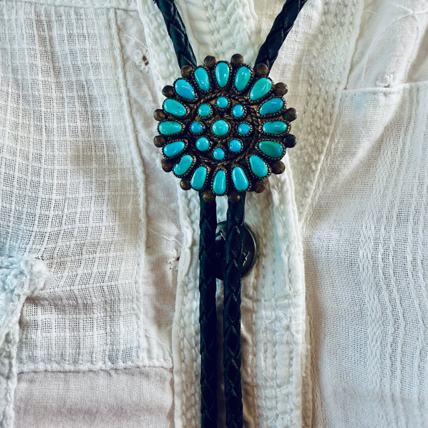 VIntage Navajo Sterling Silver & Turquoise Rosette Leather Bolo Tie bolo tie