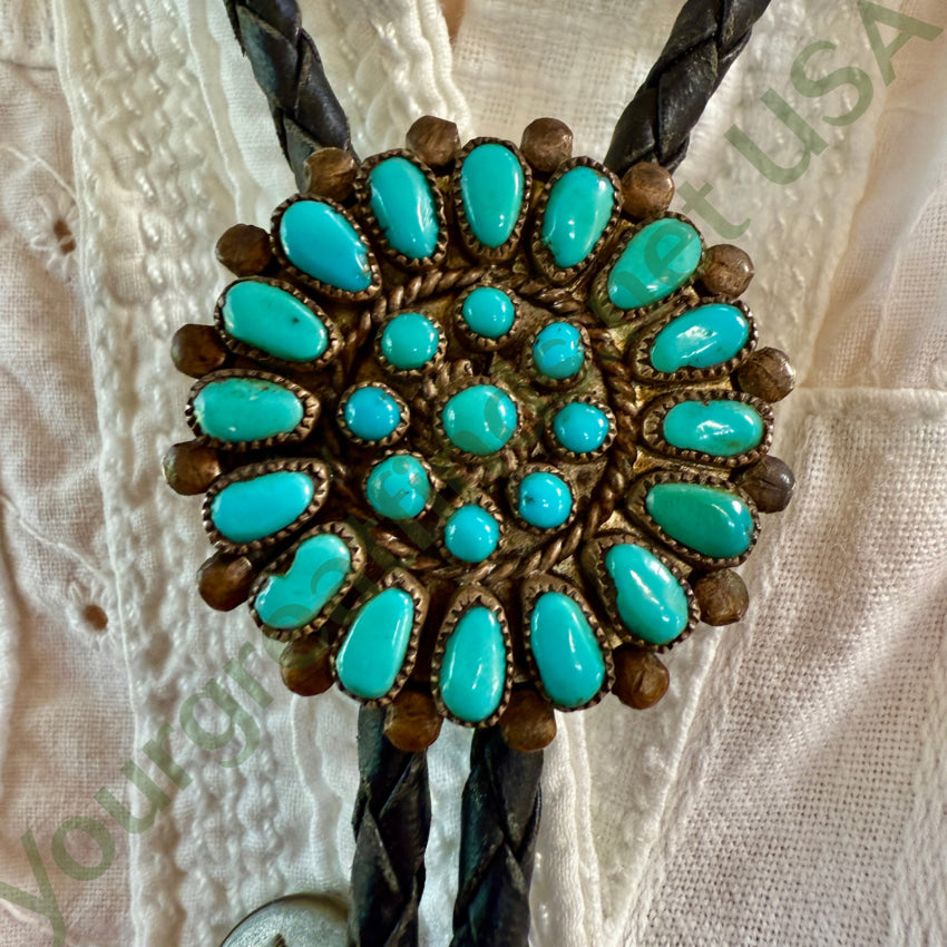 VIntage Navajo Sterling Silver & Turquoise Rosette Leather Bolo
