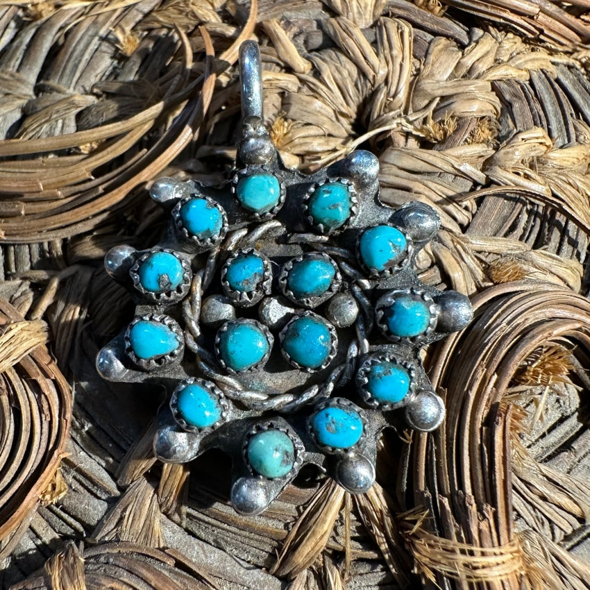 Vintage Navajo Sterling Silver Turquoise Rosette Pendant