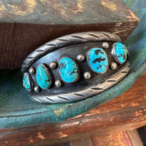 Vintage Navajo Sterling Silver Turquoise Row Bracelet - Yourgreatfinds
