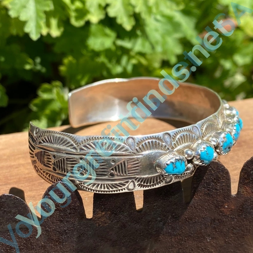 Vintage Navajo Sterling Silver Turquoise Row Bracelet Signed Yourgreatfinds