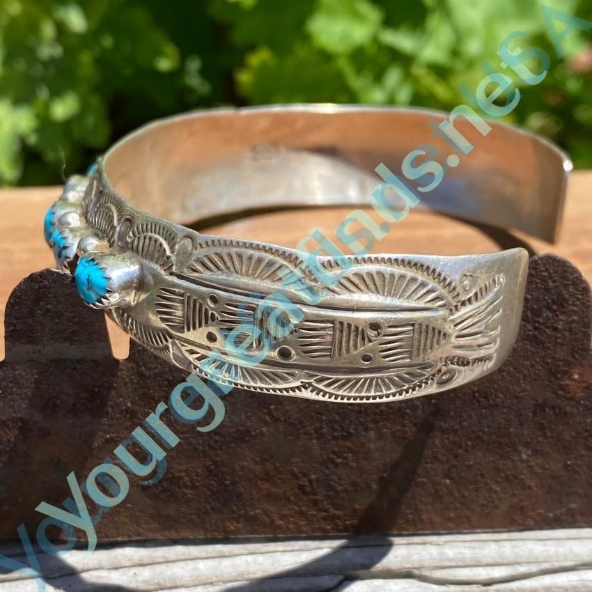 Vintage Navajo Sterling Silver Turquoise Row Bracelet Signed Yourgreatfinds