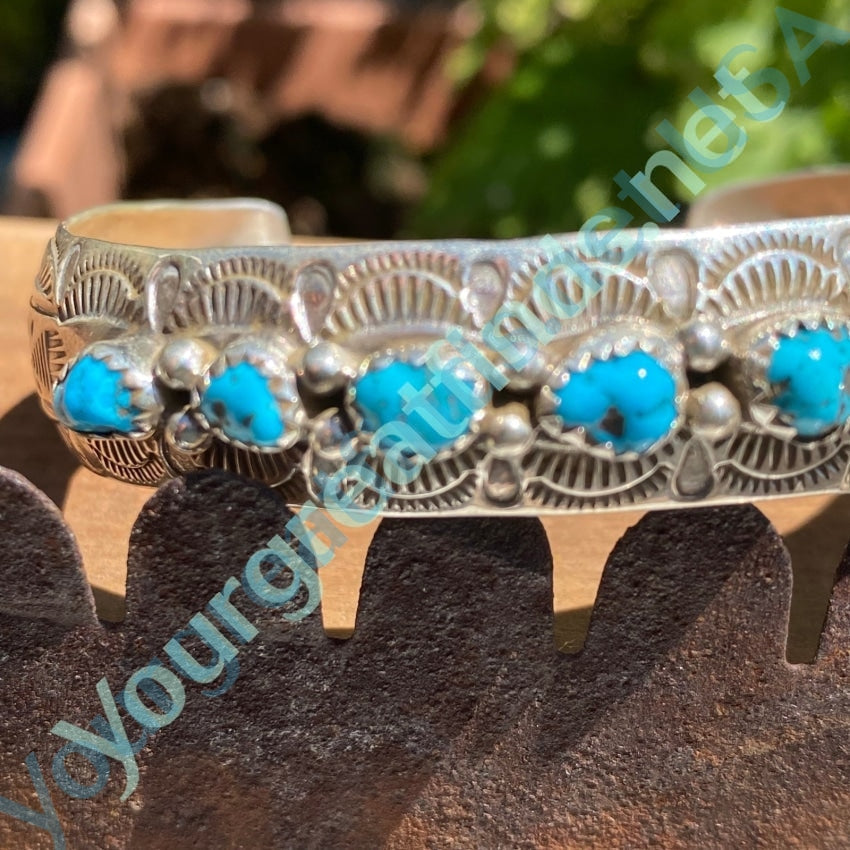 Vintage Navajo Sterling Silver Turquoise Row Bracelet Signed Yourgreatfinds