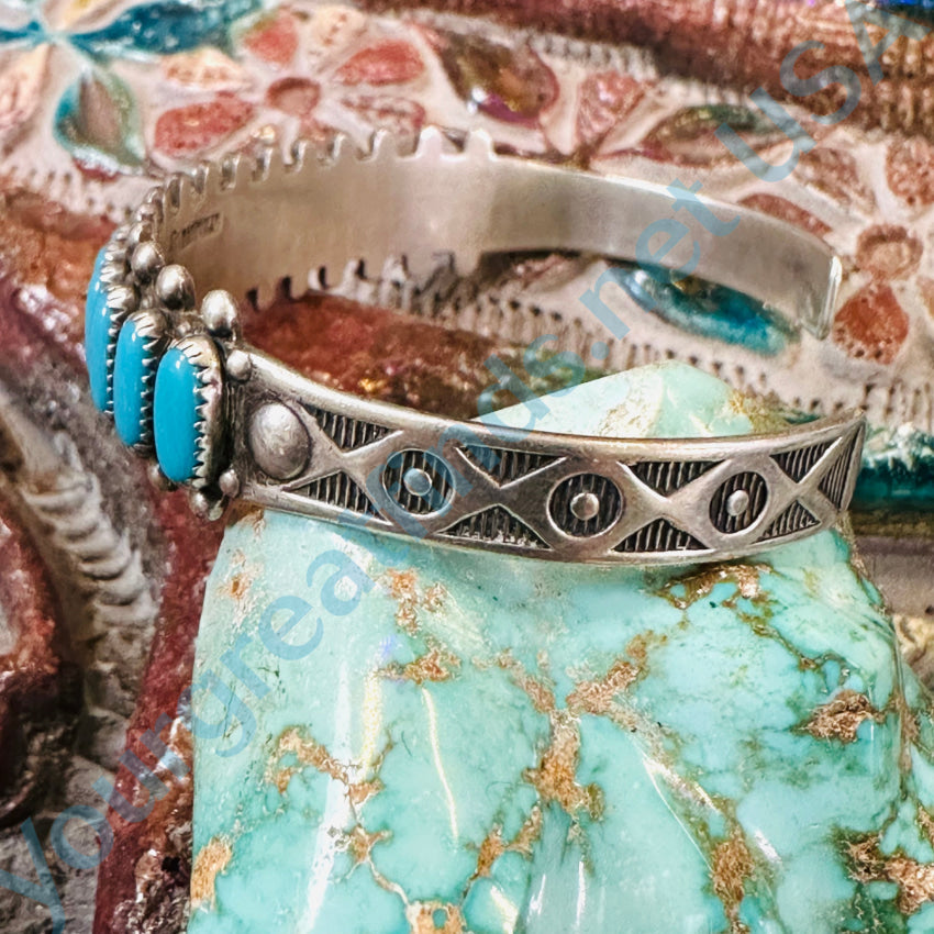 Vintage Navajo Sterling Silver Turquoise Row Cuff Bracelet