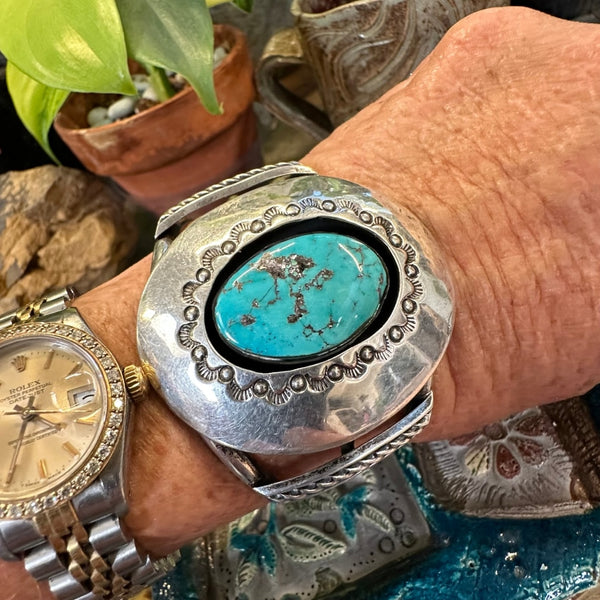 Vintage Navajo Sterling Silver Turquoise Shadow Box Bracelet