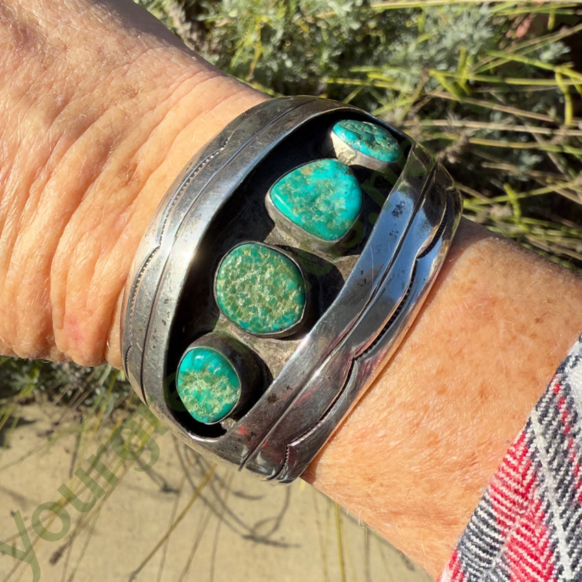 Vintage Navajo Sterling Silver Turquoise Shadowbox Cuff Bracelet