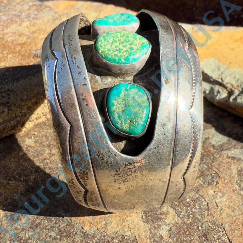 Vintage Navajo Sterling Silver Turquoise Shadowbox Cuff Bracelet Bracelet