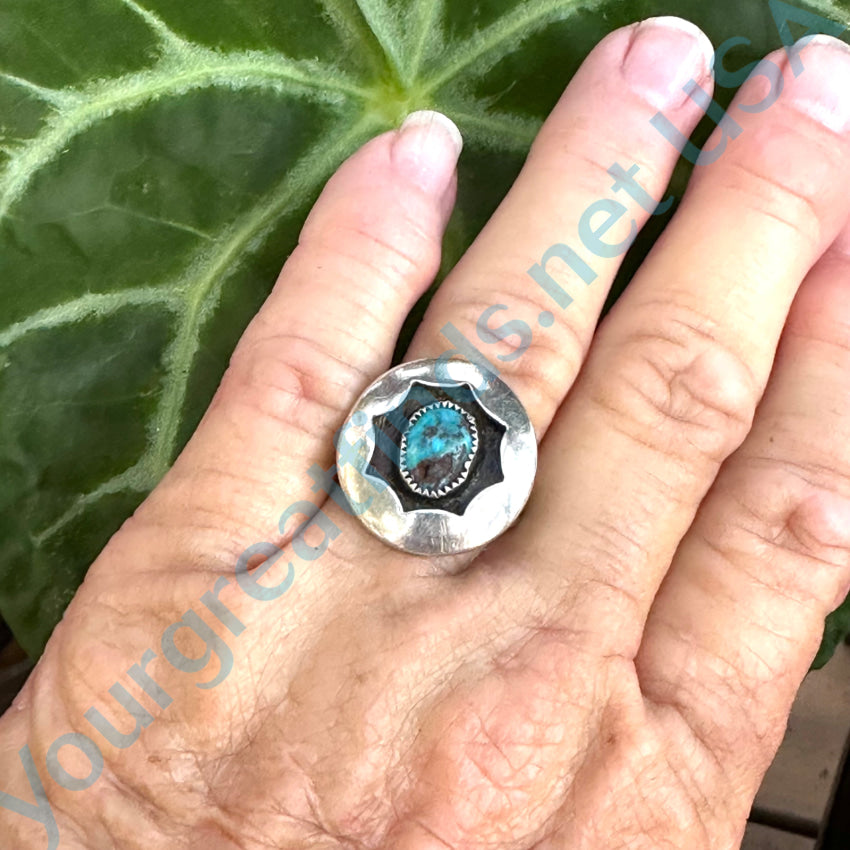 Vintage Navajo Sterling Silver & Turquoise Shadowbox Ring Size 8
