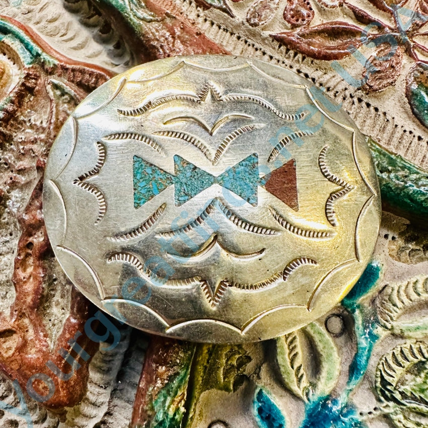 Vintage Navajo Sterling Silver Turquoise Shiprock Mosaic Belt Buckle