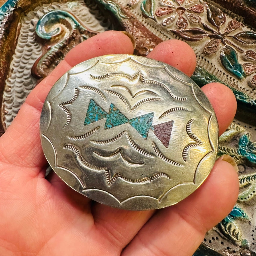 Vintage Navajo Sterling Silver Turquoise Shiprock Mosaic Belt Buckle