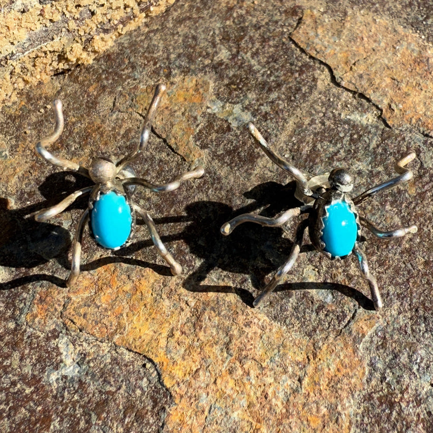 Vintage Navajo Sterling Silver & Turquoise Spider Pierced Earrings Earrings