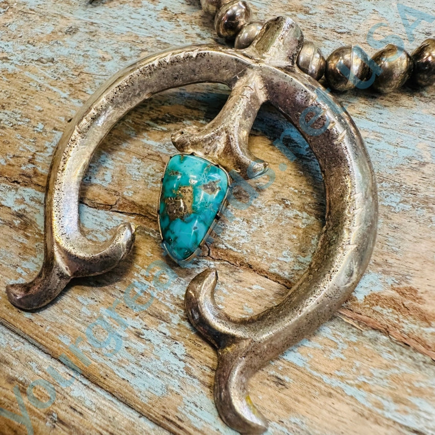 Vintage Navajo Sterling Silver Turquoise Squash Blossom Necklace