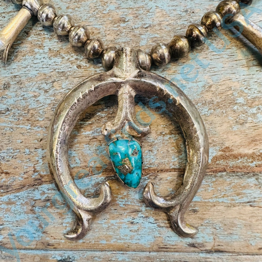 Vintage Navajo Sterling Silver Turquoise Squash Blossom Necklace