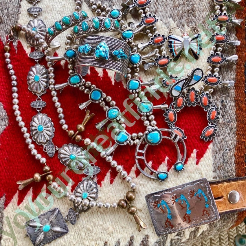 Vintage Navajo Sterling Silver Turquoise Squash Blossom Necklace