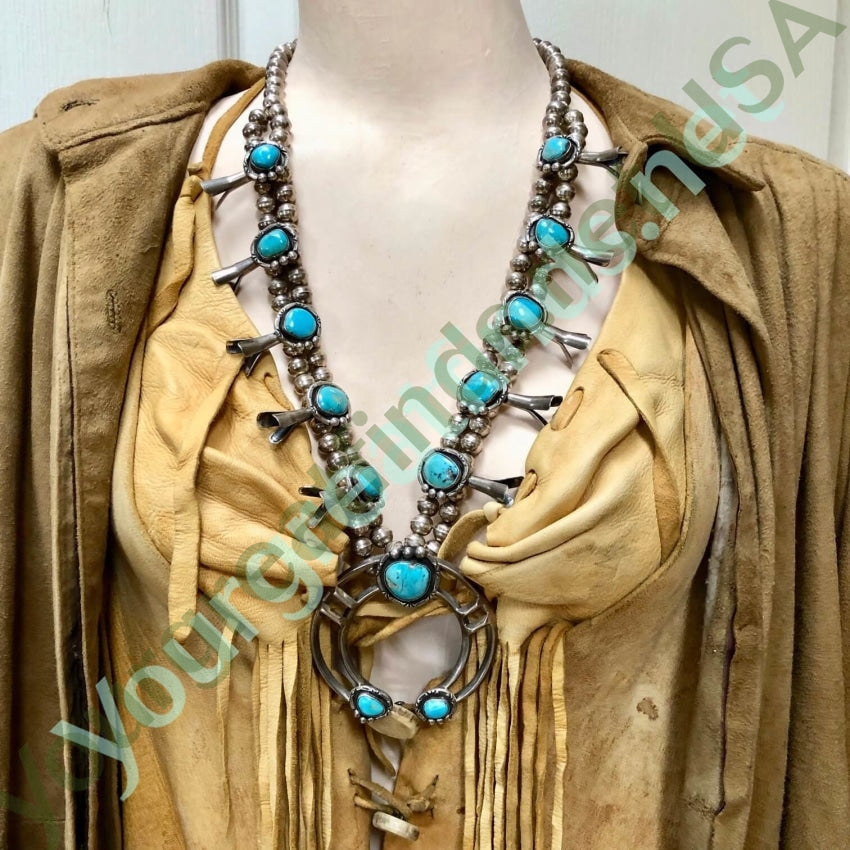 Vintage Navajo Sterling Silver Turquoise Squash Blossom Necklace Yourgreatfinds