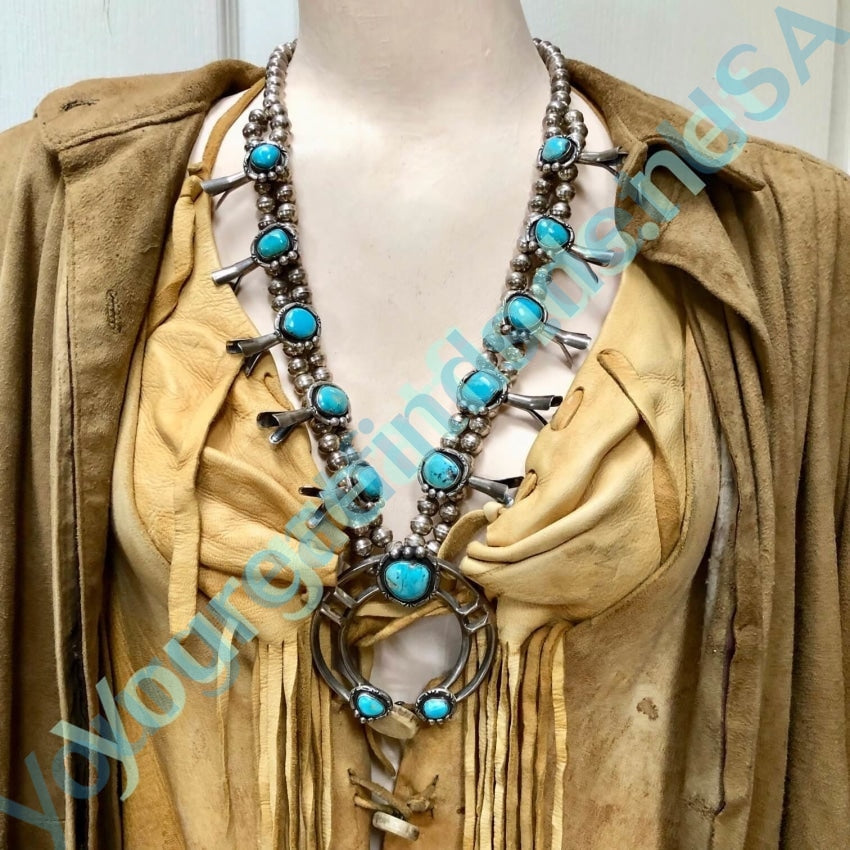 Old, likely pre-1970's true 'vintage,' 18-stone Persian turquoise Navajo  squash-blossom necklace. #2390 | HIGH PLAINS JEWELRY