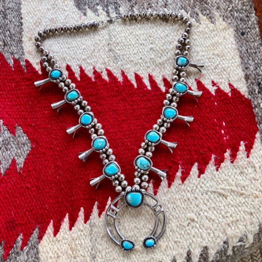 Vintage Navajo Sterling Silver Turquoise Squash Blossom Necklace Yourgreatfinds