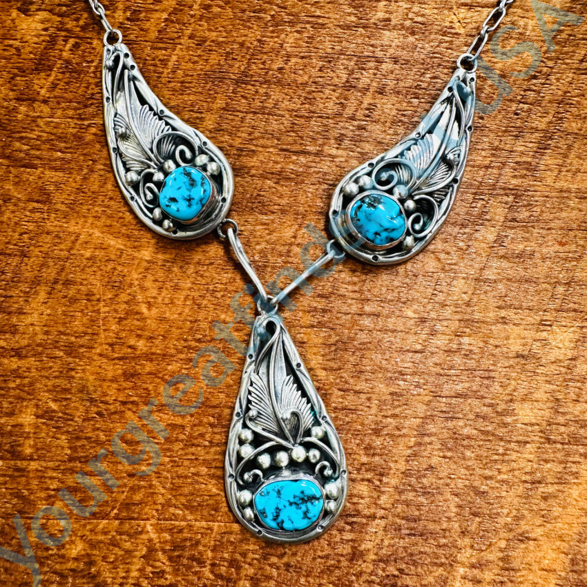 Vintage Navajo Sterling Silver & Turquoise Triple Pendant Necklace