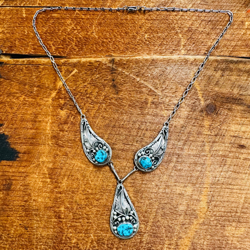 Vintage Navajo Sterling Silver & Turquoise Triple Pendant Necklace