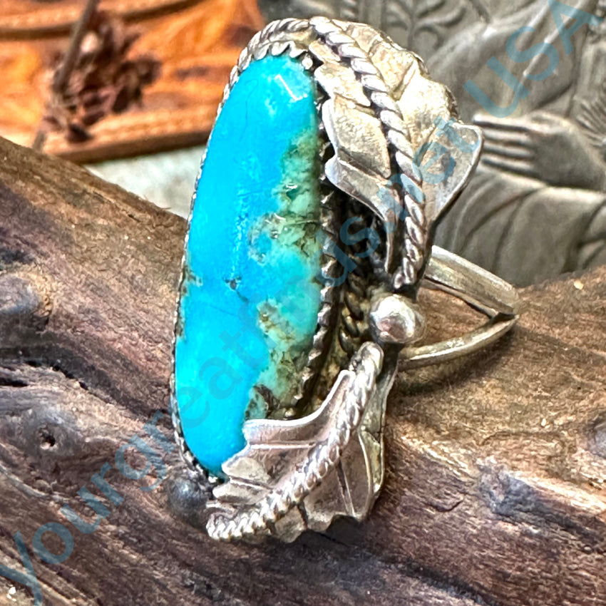 Vintage Navajo Sterling Silver Turquoise Two Feather Ring Size 7