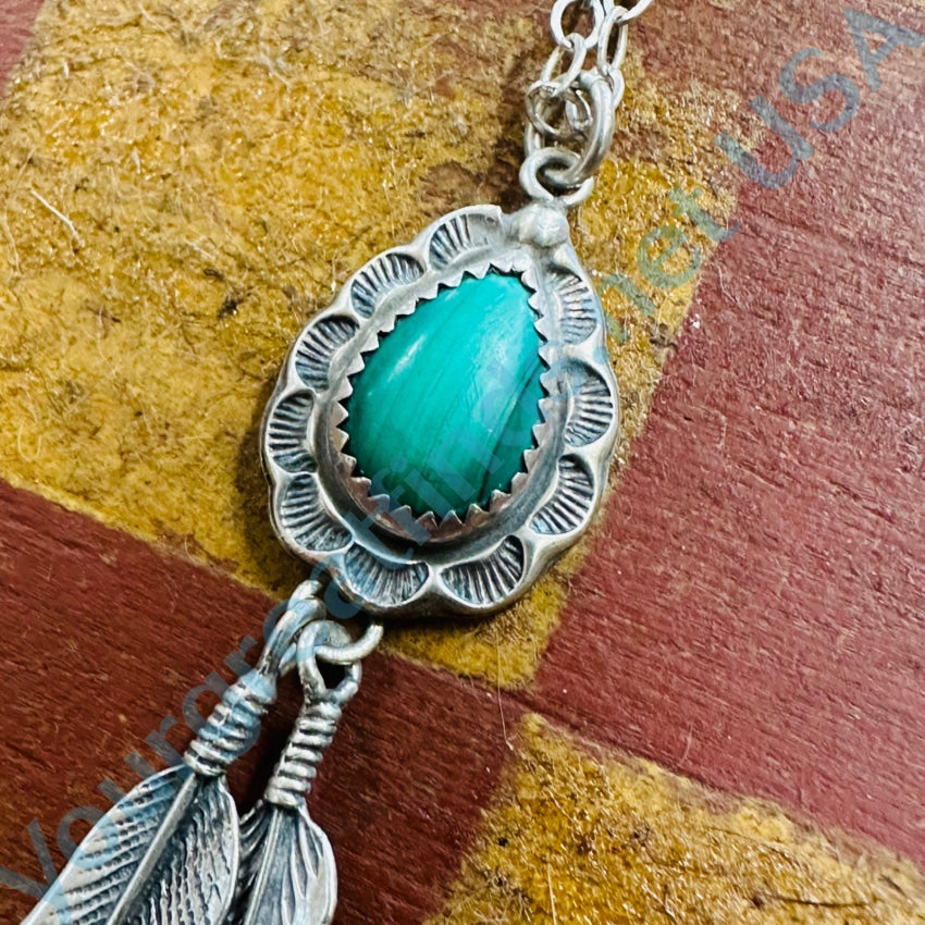 Vintage Navajo Sterling Silver Two Feather Malachite Pendant Chain Necklace