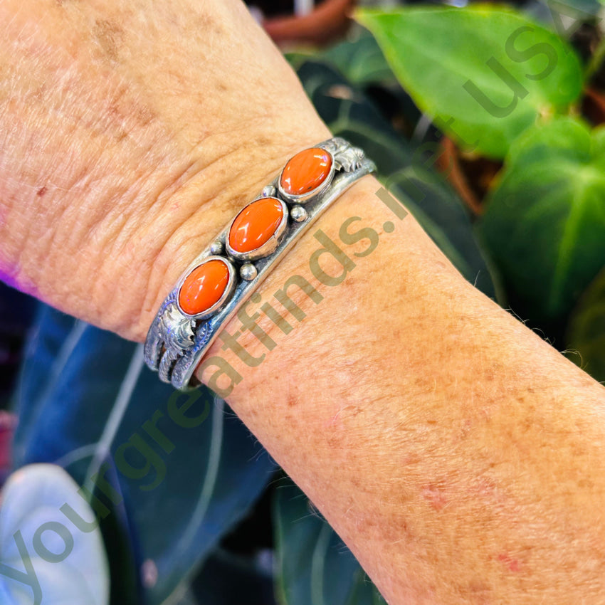 Vintage Navajo Sterling Siver & Red Coral Cuff Bracelet