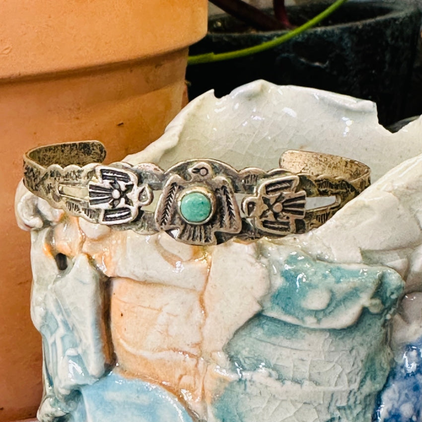 Vintage Navajo Triple Thunderbird Friendship Bracelet Sterling Turquoise