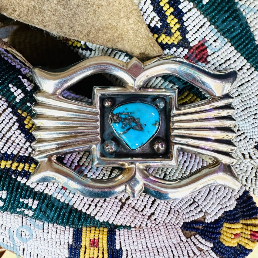 Vintage Navajo Tufa Cast Sterling Silver Turquoise Belt Buckle