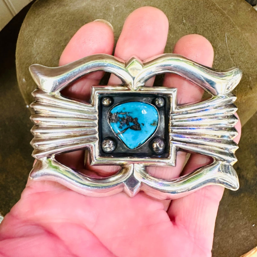 Vintage Navajo Tufa Cast Sterling Silver Turquoise Belt Buckle