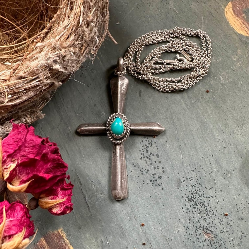 Vintage Navajo Tufa Cast Sterling Silver Turquoise Cross Necklace