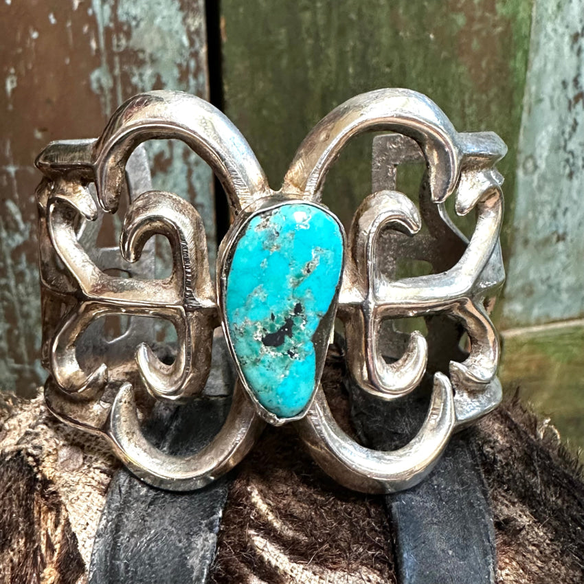 Vintage Navajo Tufa Cast Sterling Silver & Turquoise Cuff Bracelet Bracelet