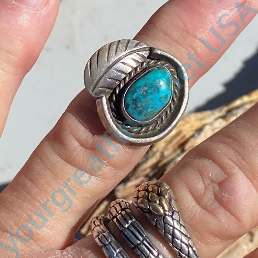 Vintage Navajo Turquoise One Feather Ring Sterling Silver 5.75